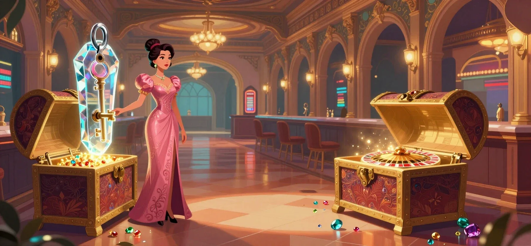 Libra Spins Casino promo code key beside a glowing treasure chest