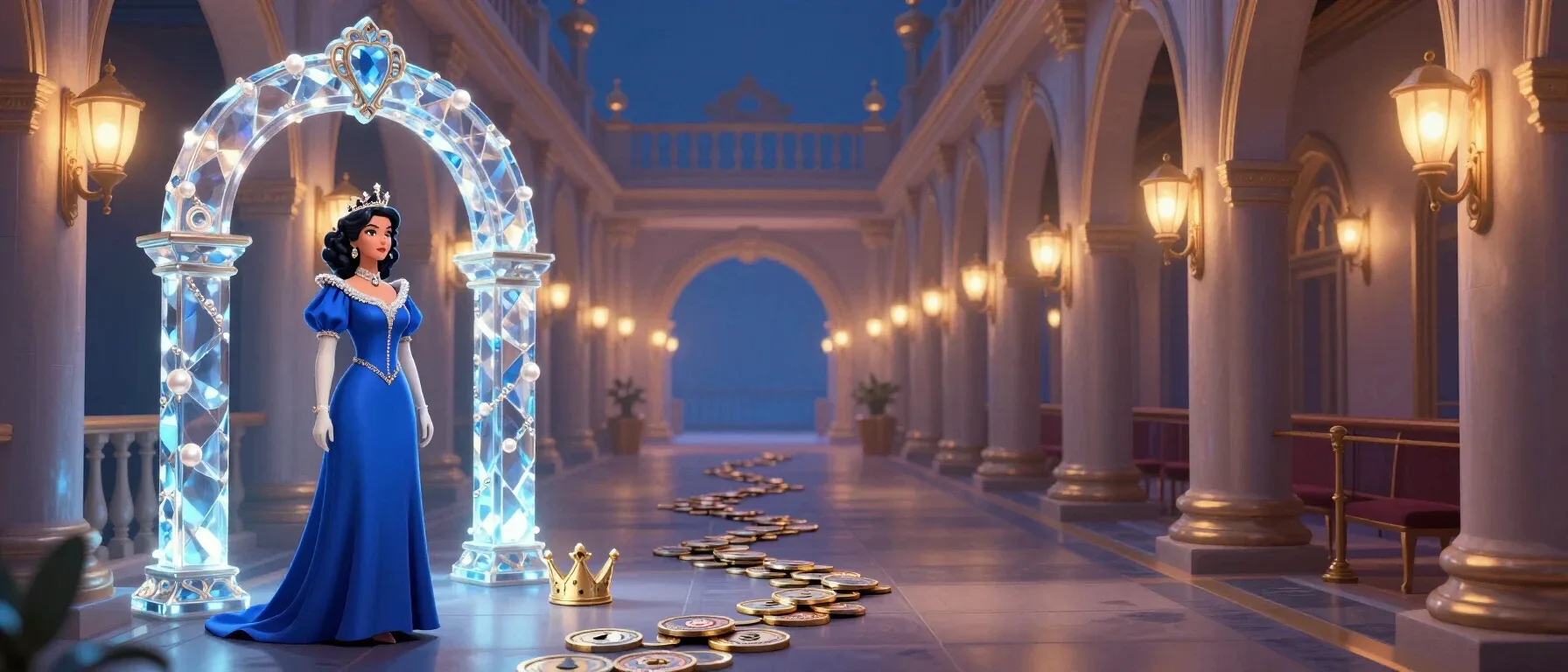Libra Spins Casino VIP access shown with a crystal arch, key and crown