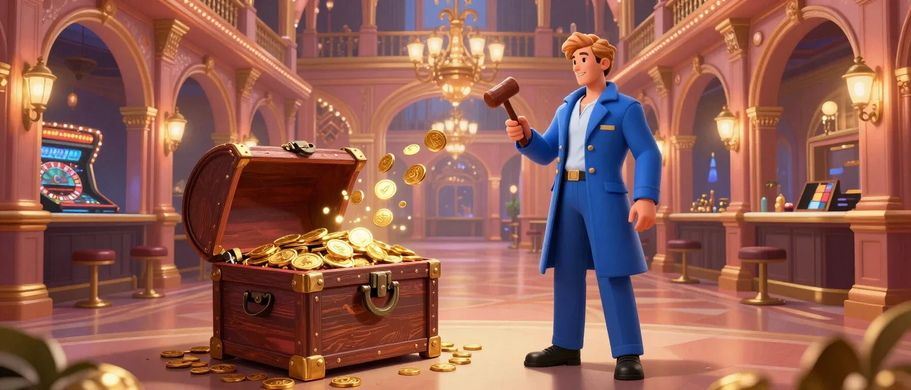 Libra Spins Casino welcome treasure chest with coins and golden tokens
