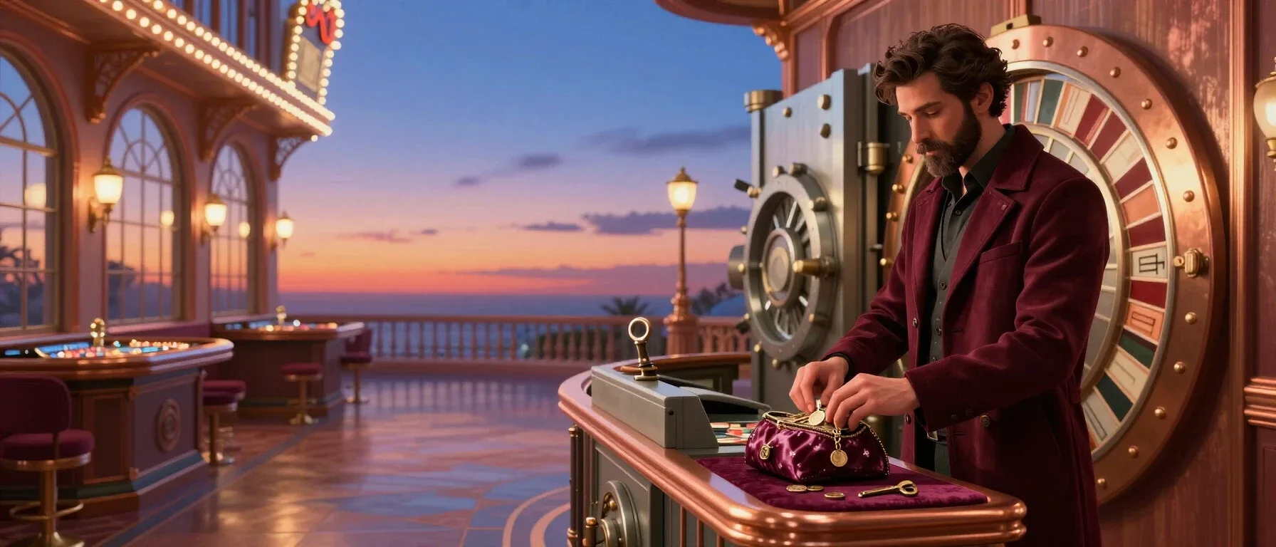 Libra Spins Casino withdrawal purse with coins beside a secure vault